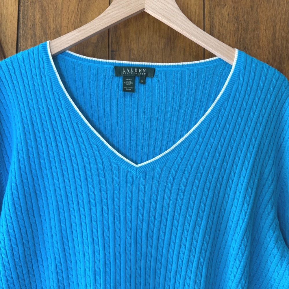Lauren Ralph Lauren Blue Cable Knit V-Neck Sweater XL Preppy Coastal Grandmother - Picture 2 of 8